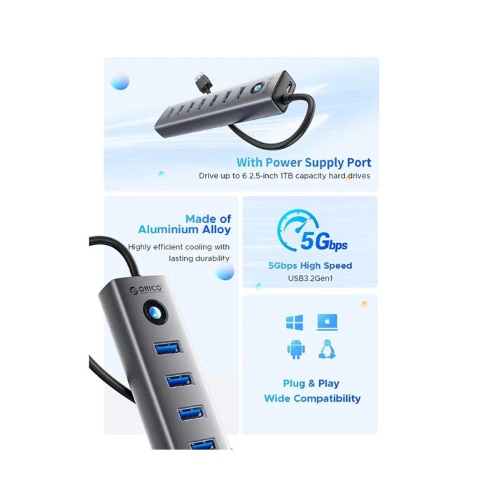 ORICO 7 Port USB 3.0 Male to 7 USB Female Gray HUB - Image 3