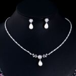 Pearl clavicle chain necklace and earrings set with Korean-style micro zircon design