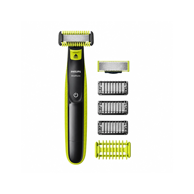 Philips QP2620/10 OneBlade face and body trimmer with green handle and grooming accessories