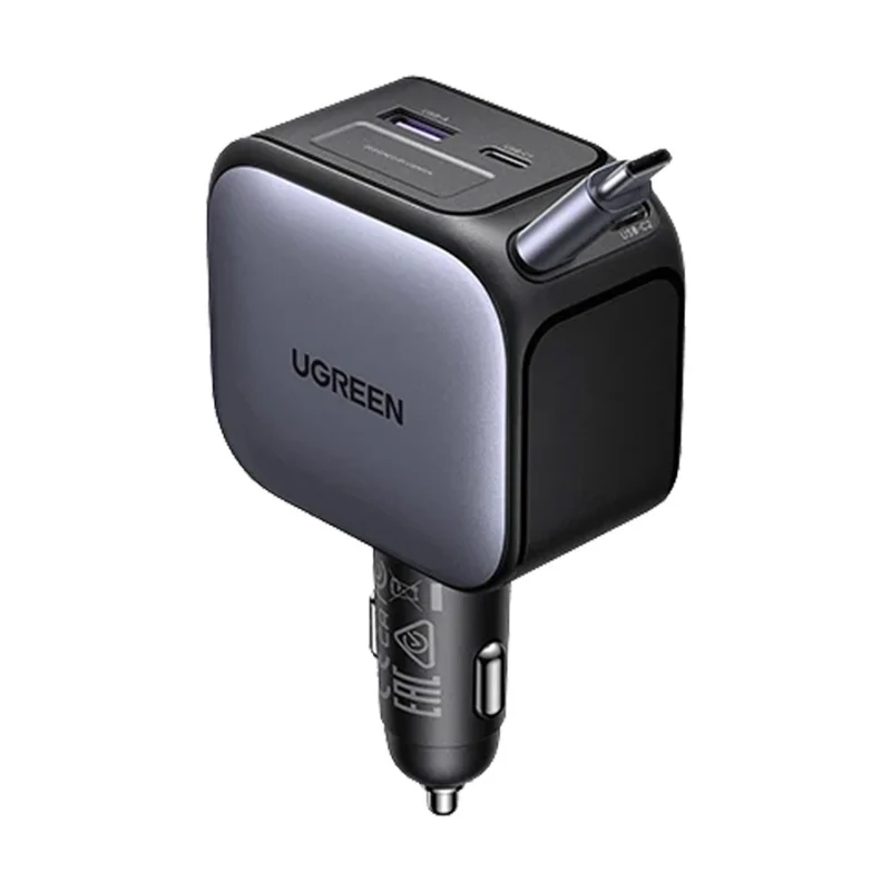 UGREEN EC604 145W car charger with retractable USB-C cable and dual USB-C ports