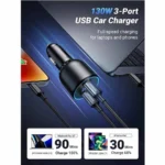 Ugreen EC705 (55511) 130W USB-A & Dual USB-C Black Fast Car Charger with USB-C to USB-C Cable #55511 - Image 2