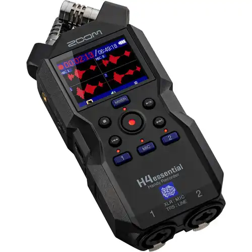 Zoom H4essential 4-track portable audio recorder for professional music, podcast and field recording.